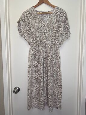 Studio B Zebra Animal Print Midi Dress Button Detail Smocked Waist Flowy M